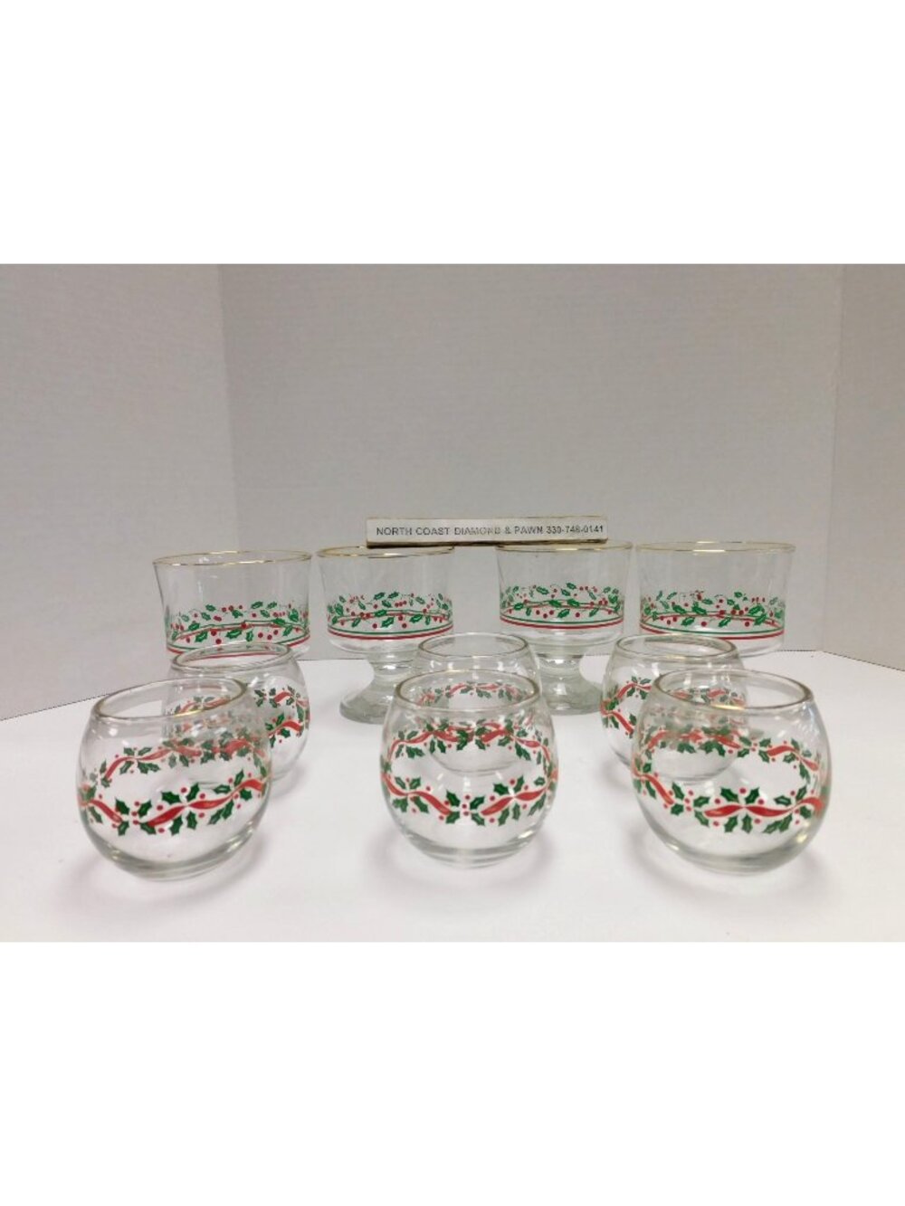 Vintage 10pc Set Holly Berry Libbey Glasses Gold Rim 4 Sherbert DW364